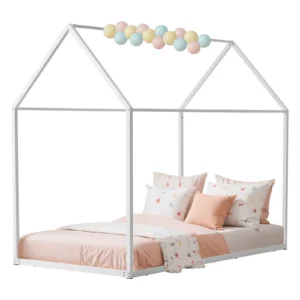 Twin Size House Bed Frame Metal Kids Floor Bed Frame with Roof White