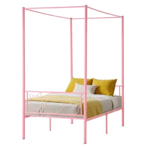 Twin Size Canopy Bed Frame Metal Canopy Bed with Headboard & Four Posters