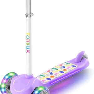 TONBUX Kids Scooter for Ages 3-5, Toddler Scooter with Light-Up Deck and Wheels, Adjustable 4-Level Height 3-Wheel Scooter for Kids, Lean-to-Steer Design