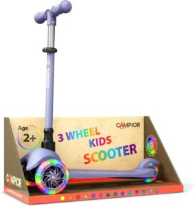 Gray Mini 3 Wheel Scooter for Kids – Lean-to-Steer Kick Scooter with LED Light-Up Wheels, Adjustable Handlebar, Wide Anti-Slip Deck, Smooth PU Wheels, Rear Foot Brake – Suitable for Ages 2+