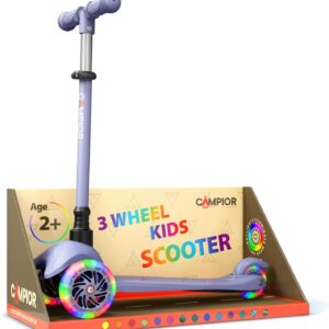Gray Mini 3 Wheel Scooter for Kids – Lean-to-Steer Kick Scooter with LED Light-Up Wheels, Adjustable Handlebar, Wide Anti-Slip Deck, Smooth PU Wheels, Rear Foot Brake – Suitable for Ages 2+