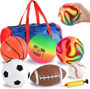 6 Pcs Outside Toys Balls for Toddlers 1-3 with Bag, Toddler Outdoor Sports Toys, Bouncy Balls Playground Beach Ball for Kids, Football Basketball Rugby Baseball Volleyball Soccer 1 2 3 4 5 Gift