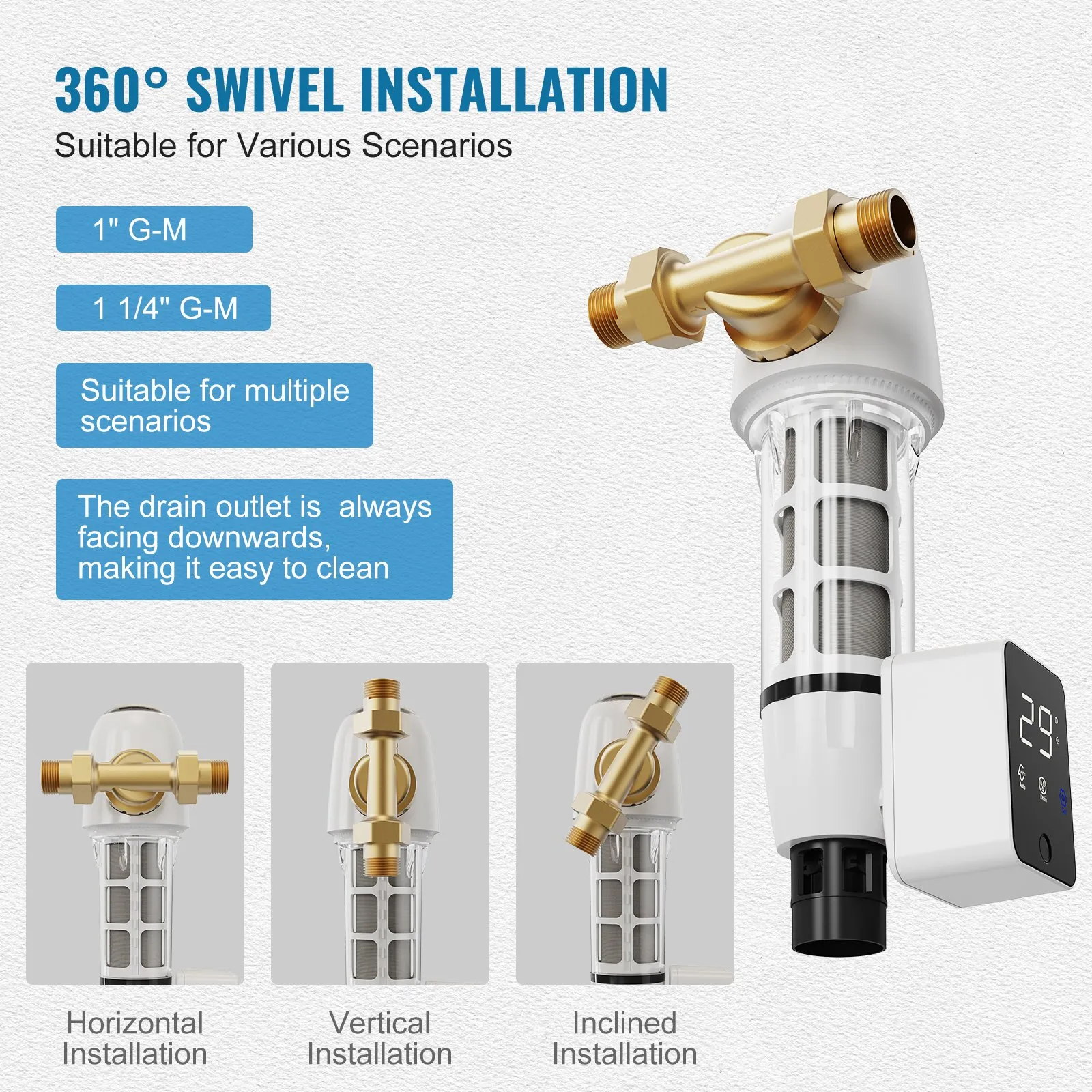 Spin Down Filter, 40 Micron Whole House Sediment Filter for Well Water, 1" (2.5 cm) G-M + 1 1/4" (3.2 cm) G-M, 8 T/H High Flow Rate, for Whole House Water Filtration Systems, Well Water Sediment Filter - Image 4